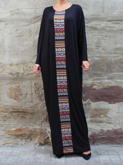 Handmade black cotton Tunics patchwork o neck Robe Dresses - SooLinen