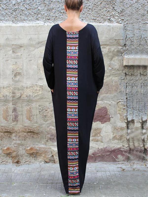 Handmade black cotton Tunics patchwork o neck Robe Dresses - SooLinen