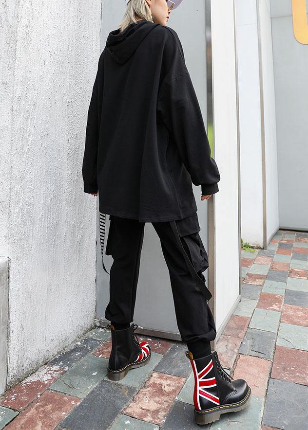 Handmade black cotton tunic pattern hooded oversized fall blouses - SooLinen