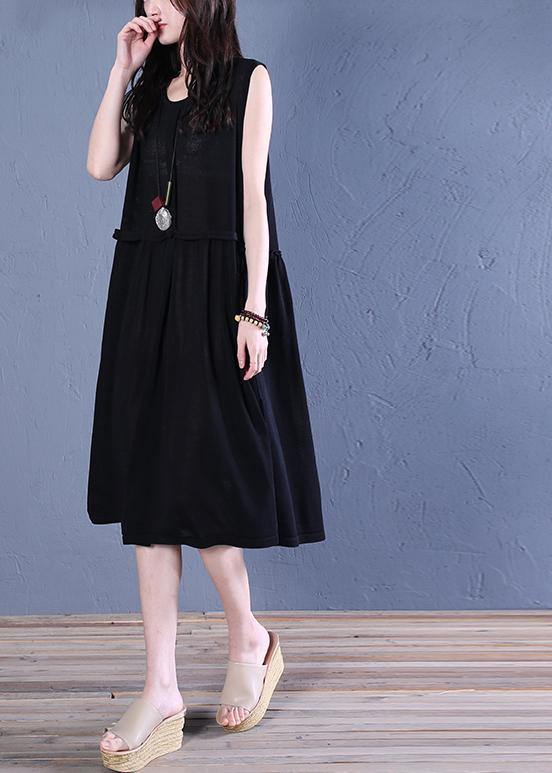 Handmade black linen clothes o neck patchwork shift summer Dresses - SooLinen