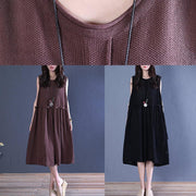 Handmade black linen clothes o neck patchwork shift summer Dresses - SooLinen