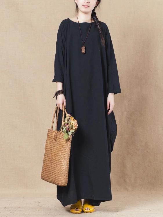 Handmade black linen cotton Wardrobes o neck asymmetric spring Dress - SooLinen