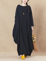 Handmade black linen cotton Wardrobes o neck asymmetric spring Dress - SooLinen