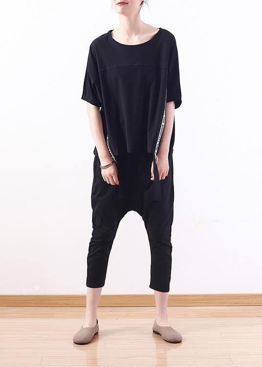 Handmade black o neck cotton tunics for women short sleeve tunic summer shirts - SooLinen