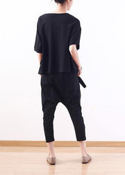 Handmade black o neck cotton tunics for women short sleeve tunic summer shirts - SooLinen
