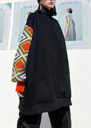 Handmade black patchwork clothes high neck Art spring tops - SooLinen
