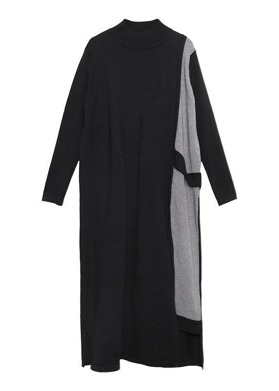 Handmade black patchwork cotton dresses asymmetric Robe fall Dresses - SooLinen