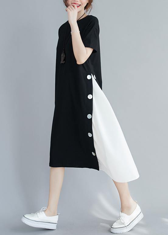 Handmade black patchwork white clothes For Women o neck A Line Dresses - SooLinen