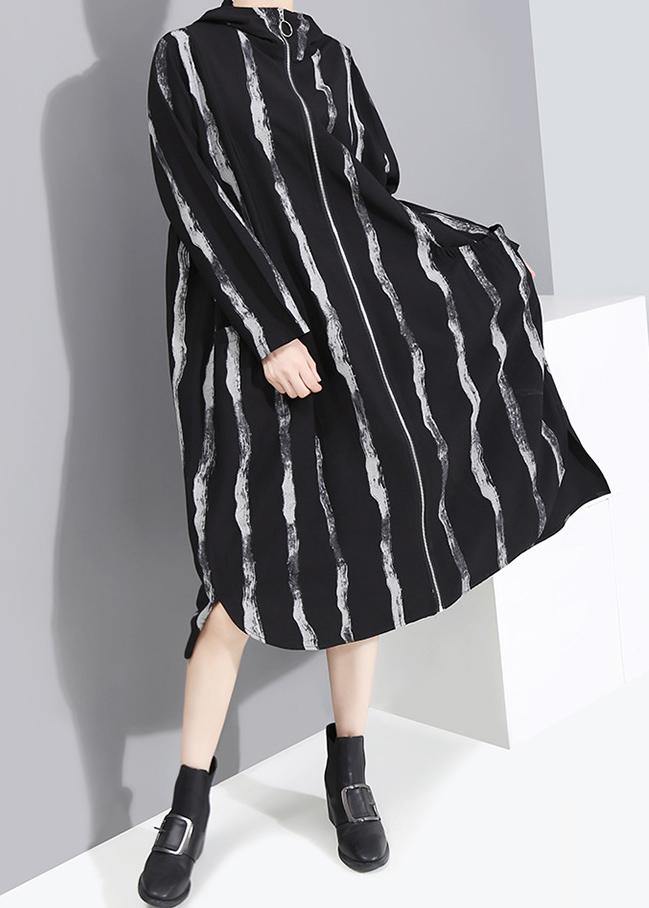 Handmade black striped Fine Long coats Cotton zippered hooded outwears - SooLinen