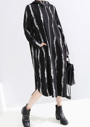 Handmade black striped Fine Long coats Cotton zippered hooded outwears - SooLinen