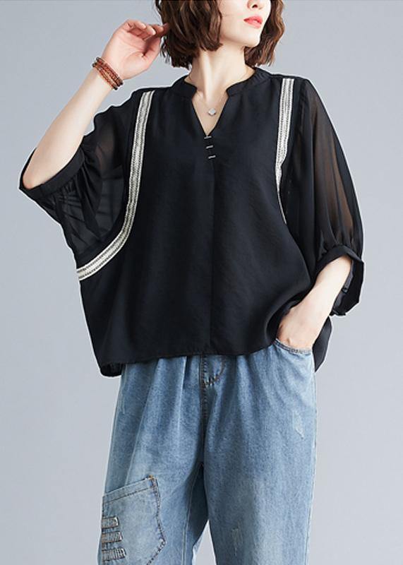 Handmade black top silhouette v neck Batwing Sleeve summer shirt - SooLinen