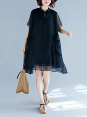 Handmade black tunic pattern stand collar pockets A Line Dresses - SooLinen