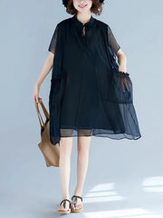 Handmade black tunic pattern stand collar pockets A Line Dresses - SooLinen