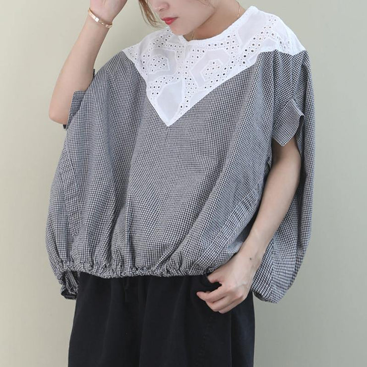 Handmade black white plaid cotton linen tops women Outfits o neck Batwing Sleeve shirt - SooLinen