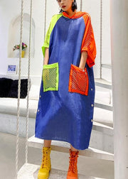 Handmade blue cotton clothes hooded pockets Plus Size summer Dress - SooLinen