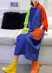 Handmade blue cotton clothes hooded pockets Plus Size summer Dress - SooLinen