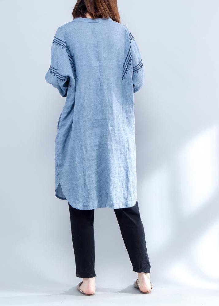Handmade blue linen clothes embroidery Midi summer Dresses - SooLinen