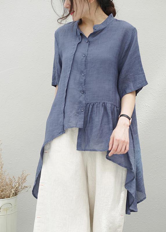 Handmade blue linen clothes stand collar asymmetric cotton blouse - SooLinen
