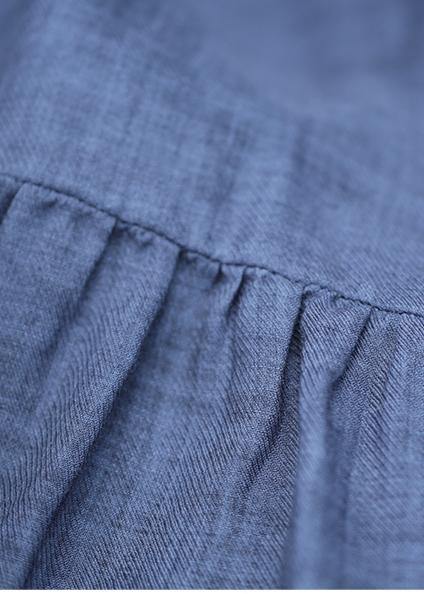 Handmade blue linen clothes stand collar asymmetric cotton blouse - SooLinen