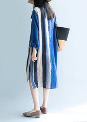 Handmade blue patchwork striped lapel Dress - SooLinen