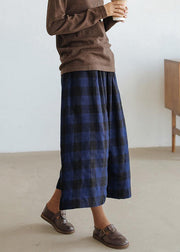 Handmade blue plaid pants plus size fall wide leg pants - SooLinen
