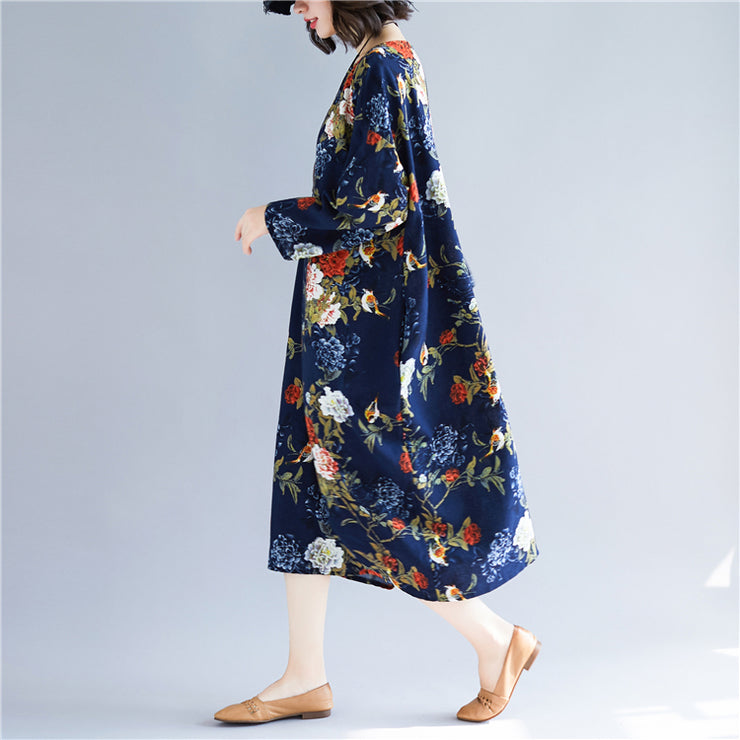 Handmade blue print cotton linen Long Fashion Ideas pockets cotton Dress