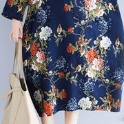 Handmade blue print cotton linen Long Fashion Ideas pockets cotton Dress