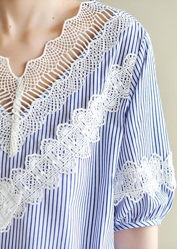 Handmade blue striped tops v neck patchwork lace Art top - SooLinen