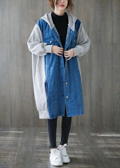 Handmade blue  tunics for women Tops hooded patchwork outwears - SooLinen