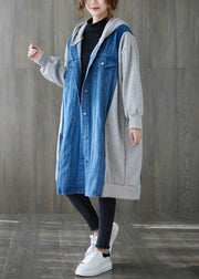 Handmade blue  tunics for women Tops hooded patchwork outwears - SooLinen