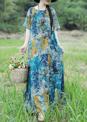 Handmade blue yellow floral cotton linen Outfits o neck Maxi Summer Dress - SooLinen