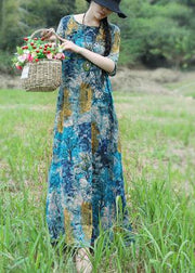 Handmade blue yellow floral cotton linen Outfits o neck Maxi Summer Dress - SooLinen