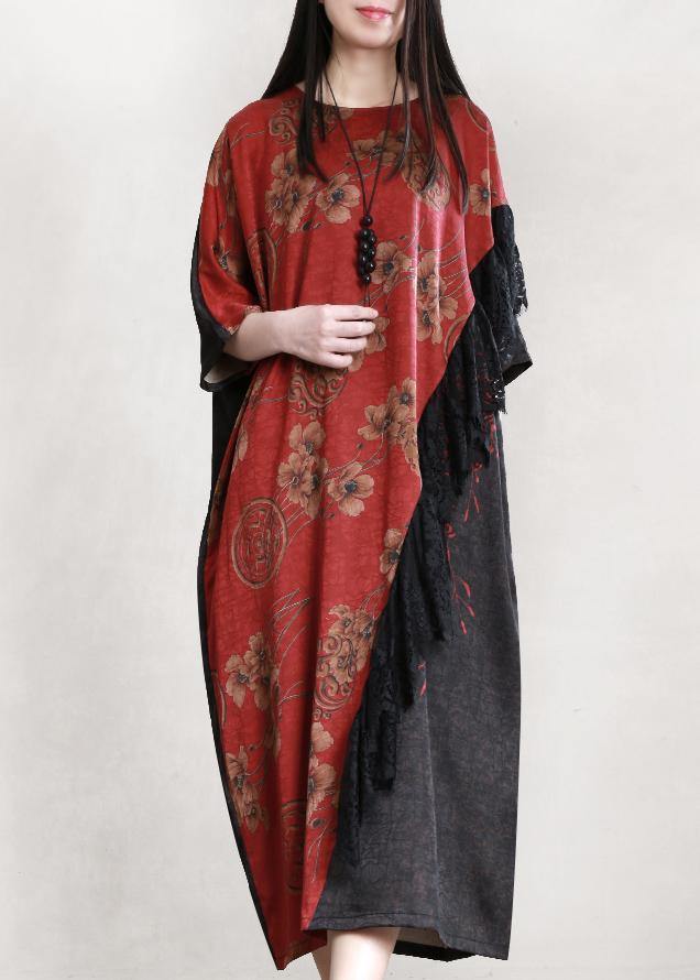 Handmade burgundy clothes o neck patchwork loose Dress - SooLinen