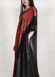Handmade burgundy clothes o neck patchwork loose Dress - SooLinen