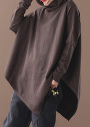 Handmade chocolate cotton tunics for women asymmetric hem short high neck blouse - SooLinen