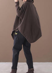 Handmade chocolate cotton tunics for women asymmetric hem short high neck blouse - SooLinen