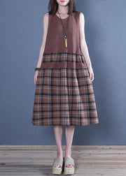 Handmade chocolate plaid linen dresses o neck patchwork Dress - SooLinen