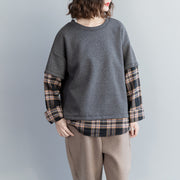 Handgefertigte Baumwollkleidung Plus Size O Hals Patchwork Form graue Baumwolltops