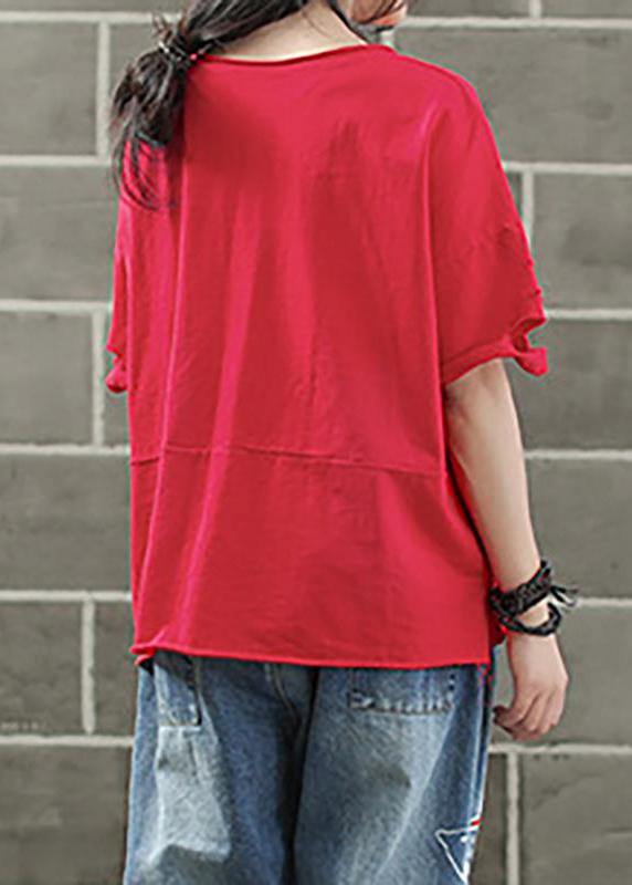 Handmade cotton shirts women Vintage Ripped Hole Embroidery Irregular Casual T-Shirt - SooLinen