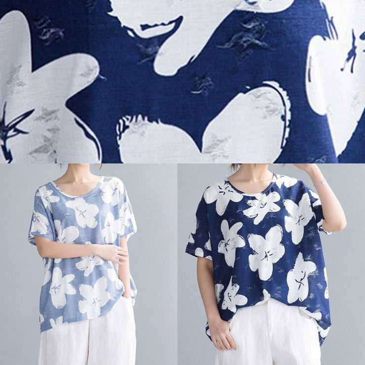 Handmade dark blue print clothes o neck blouses - SooLinen