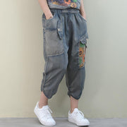 Handmade denim blue casual elastic waist patchwork Shape wide leg pants - SooLinen