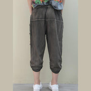 Handmade denim blue casual elastic waist patchwork Shape wide leg pants - SooLinen