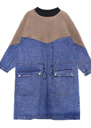 Handmade denim blue cotton quilting dresses drawstring long patchwork Dresses - SooLinen