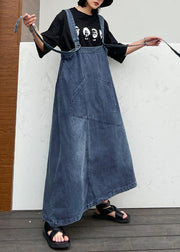 Handmade denim blue cotton sleeveless pockets cotton robes summer Dresses - SooLinen