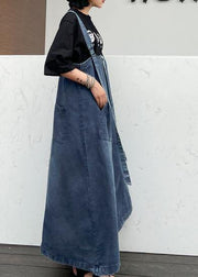 Handmade denim blue cotton sleeveless pockets cotton robes summer Dresses - SooLinen