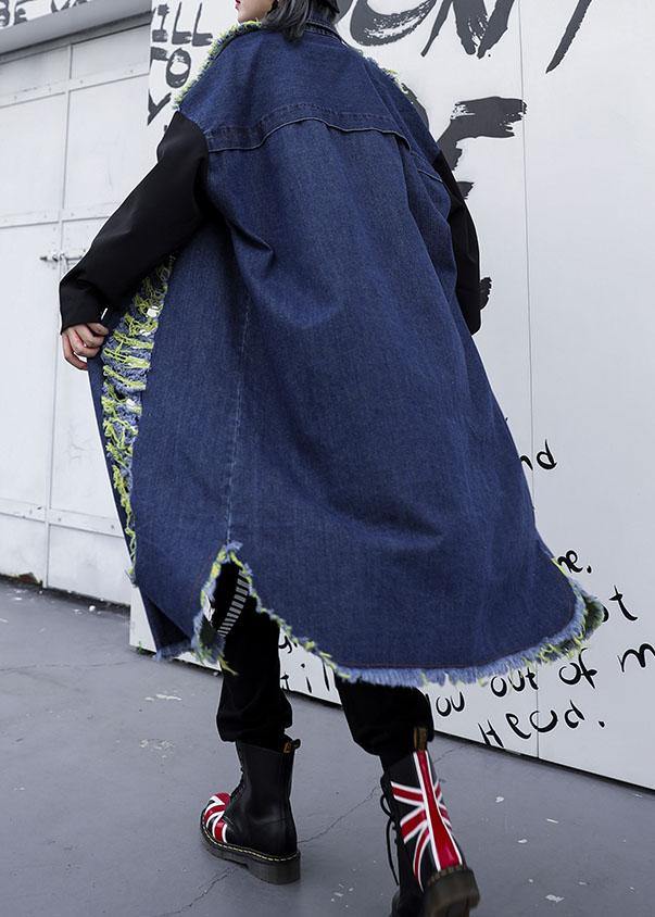 Handmade denim blue patchwork sleeve fine coats women Photography Hollow Out fall coats - SooLinen