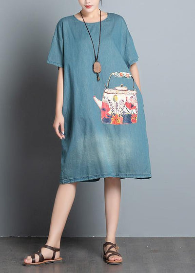 Handmade denim blue print Cotton quilting dresses o neck Art summer Dresses - SooLinen