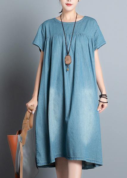 Handmade denim blue quilting clothes o neck patchwork daily summer Dress - SooLinen