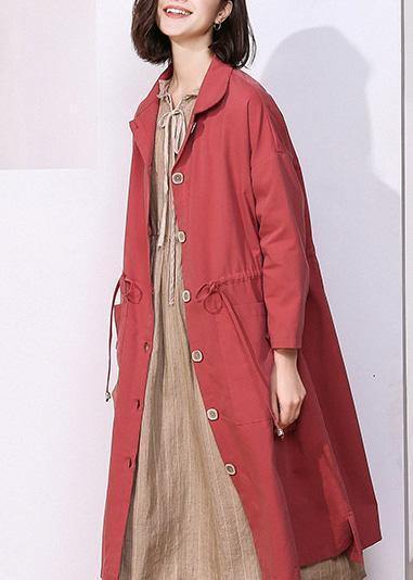 Handmade drawstring Plus Size lapel collar tunic coat red oversized outwear - SooLinen
