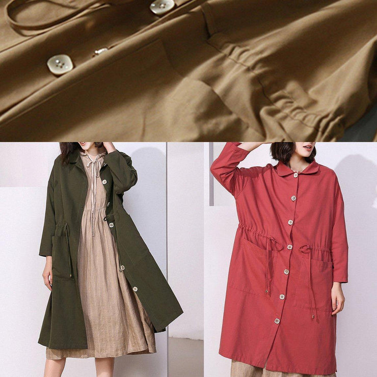 Handmade drawstring Plus Size lapel collar tunic coat red oversized outwear - SooLinen